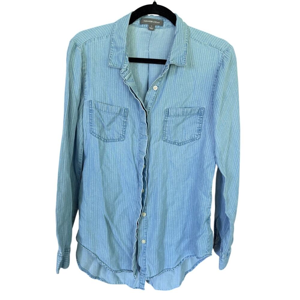 Alexander Jordan Tencel Chambray Button Up Shirt Lightweight Blue Striped Blouse
